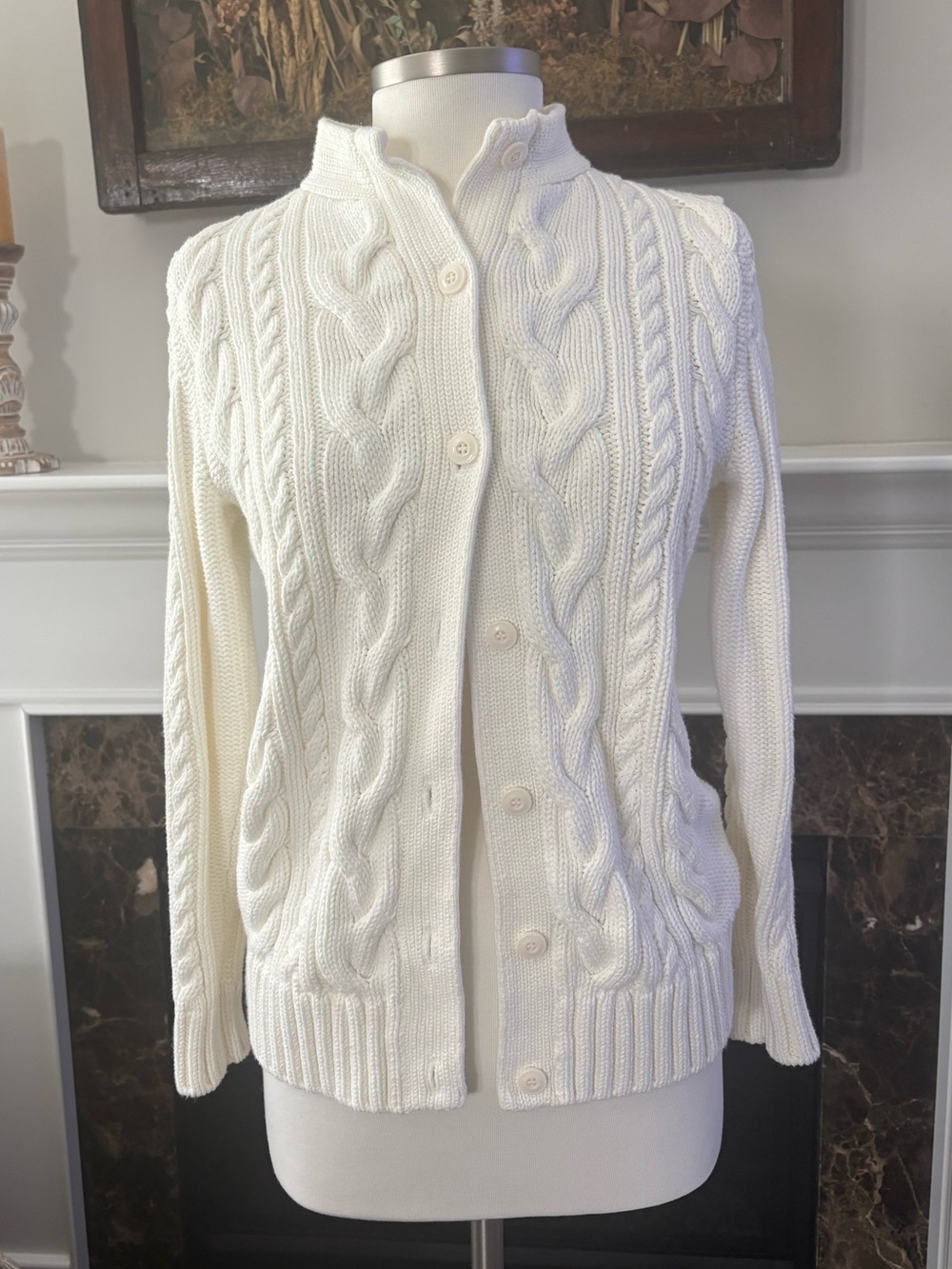 L.L.Bean Fisherman Cable Knit Button Cardigan Cream Cottagecore Small